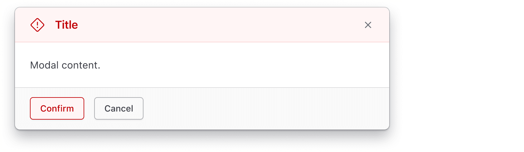 A critical modal, the heading is dark red with a light red background and the primary button in the footer is also red.